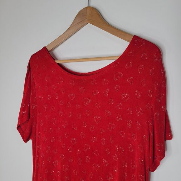 Vintage MOLLY MALLOY Slinky Red Heart Print Midi Dress Size L Valentine Sparkly - Picture 7 of 9
